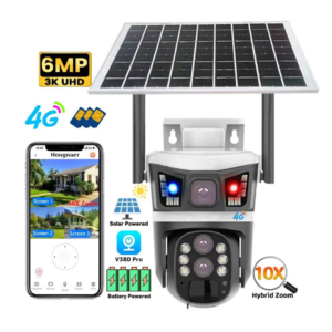 6MP Wireless Solar Powered PTZ Surveil Camera 10X Zoom 3 Lens V380 Pro Outdoor 4G Sim Card CCTV Solar Security Camera