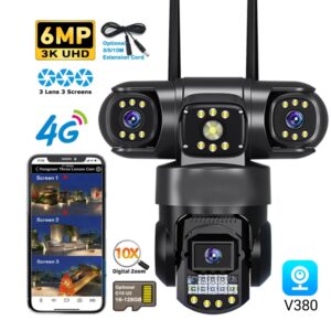 4G 6mp 3 Lens 3 View Security Camera Card Motion Detection Al Humanoid Tracking Network IP Camera