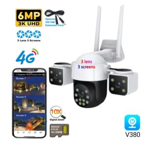 4G 3 Lence UHD Smart Outdoor Wireless Video IP Camera V380 Pro 360 PTZ 4G Three Lenses Surveil Home Security CCTV Camera